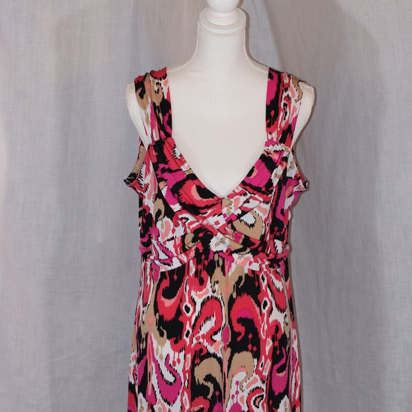 Vintage STUDIO 1940 Pink Red Beige Black Wrap Dress Size XL Polyester Blend