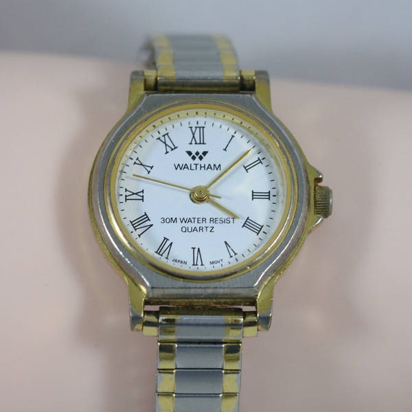 Vintage WALTHAM Gold Tone Silver Tone Two Tone Case Wrist Watch with Speidel Two Tone Stainless Steel Stretch Bracelet Band WE013-025