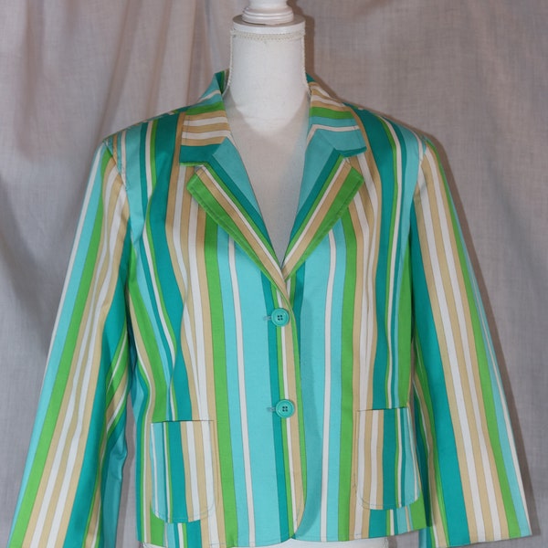 Vintage RAFAELLA Blue Green Yellow White Striped Cotton Blend Blazer Jacket Size 16