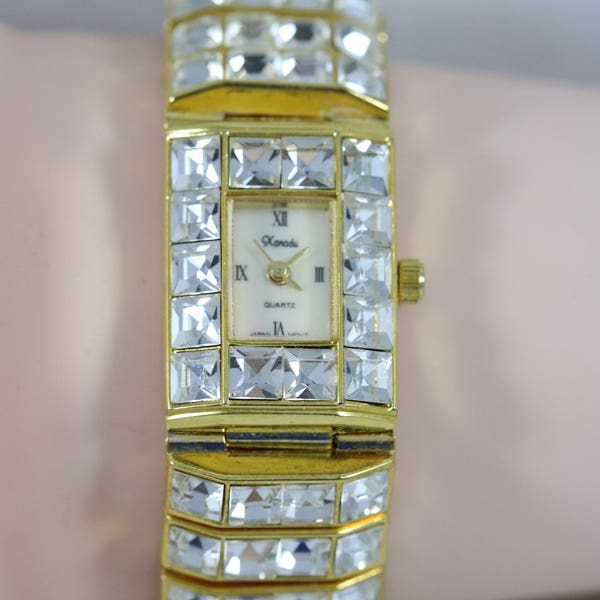 Vintage XANADU Gold Tone Rhinestone Bling Case Quartz Wrist Watch Japan Movement