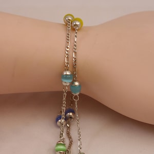 925 Sterling Silver Figaro Chain Mexico Pink Yellow Blue Green Bead Bracelets 9.8g Lot of 2