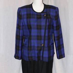 Vintage LE SUIT Petite Blue Plaid Suit Jacket Size 14P Black Skirt Size 14P Rayon