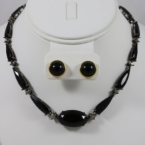 MONET Signed Silver Tone Black Faux Onyx Toggle Back Necklace Faux Black Pearl Gold Tone Stud Post Earrings Set