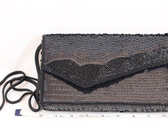 Vintage LA REGALE Black Bead Sequin Embellished Minaudiere Evening Clutch Shoulder Purse Handbag