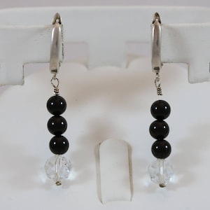 925 Sterling Silver Black Onyx Bead Dangle Latch Back Earrings 4.7g
