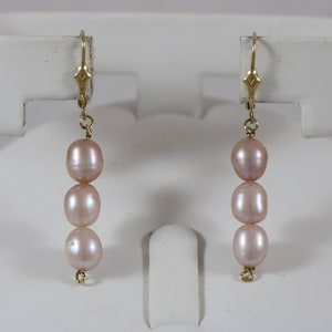 14k Yellow Gold 7x6mm Rose Pearl Dangle Lever Back Earrings 3.8g