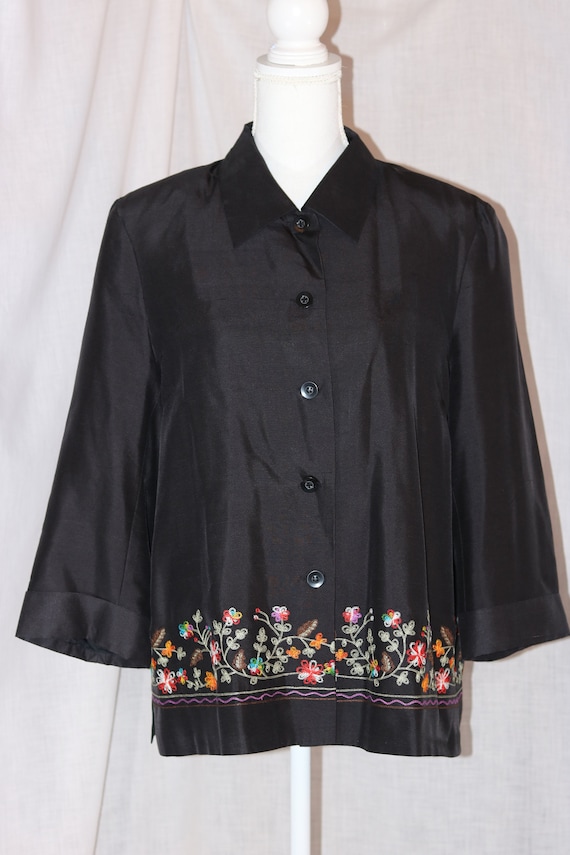 Vintage SILKLAND Black Silk Floral Embroidered Button Down Long Sleeve Acetate Lining Blouse Top Size XL