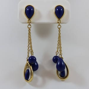 TRIFARI Signed Vintage Gold Tone Blue Stone Dangle Post Earrings