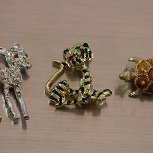 Silver Tone Deer Gold Tone Tiger Orange Turtle Rhinestone Brooch Pin Lot of 3