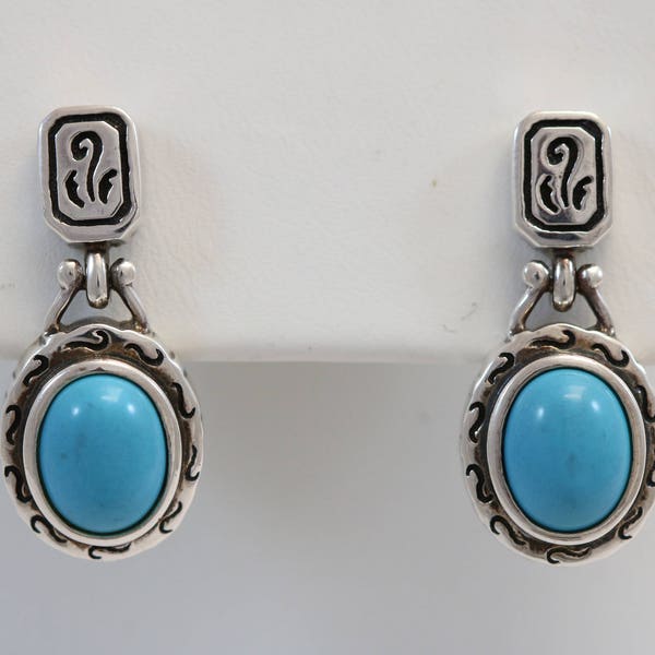 925 Sterling Silver Thailand Turquoise Oval Cabochon Dangle Post Earrings 8.5g