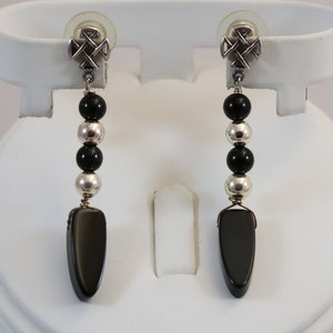 Silver Tone Black Onyx Bead Dangle Post Earrings