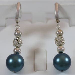 925 Sterling Silver Faux Blue Pearl Dangle Latch Back Earrings 11.8g