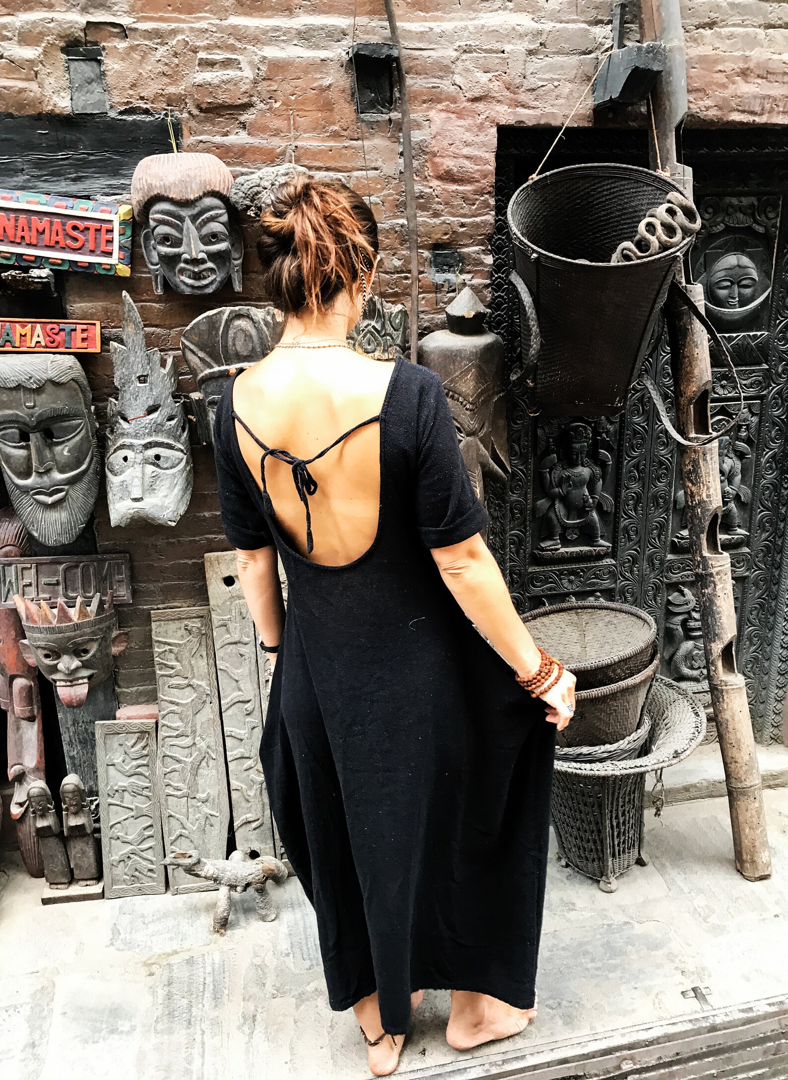 Cozy Boho Long Black Dress With Open Back an Big Pocket From Etsy