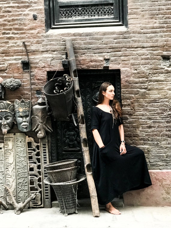 Cozy Boho Long Black Dress With Open Back an Big Pocket From Etsy