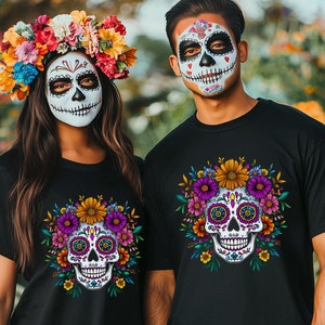 Dia de Muertos Shirt Sugar Skull Shirt Day of the Dead Tshirt Calaveras Sugar Skull Tee Black Cotton Unisex T-Shirt Mens Womens Couples