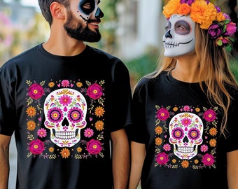 Sugar Skull Tshirt Sugarskull Shirt Day of the Dead Calaveras Black Cotton Unisex T-Shirt Dia de Muertos Mens Womens Unisex Tee Witchy Gifts