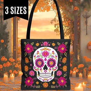 Sugar Skull tote bags. Dia de los Muertos tote bags. Heavy, reusable tote bags with colorful calaveras design.