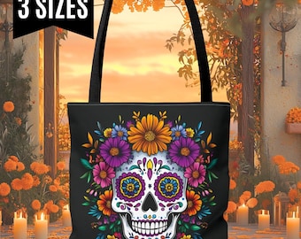 Day of the Dead Tote Bags, Sugar Skull Tote Bags, Muertos Tote Bags, Witchy Shopping Bags Sugarskull Beach Bag Sugar Skull Muertos Tote Bags