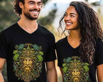 Greenman Shirt Green Man Pagan Pride Shirt Witchy Witchcore Celtic Earth Day Black V-Neck Short Sleeve T-shirt Unisex Cotton V Neck Tshirt