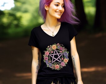 Witchy Shirt Pentagram Womens Vneck Tshirts Pentacle T-Shirt Ladies Witchcore Cottagecore Black V-Neck Short Sleeve Tshirt Witchy Gifts Tee