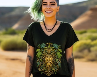 Greenman Shirt Green Man Pagan Pride T-Shirt Witchy Shirt Witchcore Celtic Earth Day Black V-Neck Short Sleeve Womens Tshirt Witchy Gifts