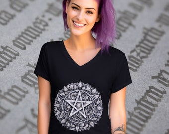 Witchy Shirt Pentacle Womens Vneck Tshirts Pentagram T-Shirt Ladies Goth Witchcore Black V-Neck Tshirt Witchy V-Neck Black Short Sleeve Tee