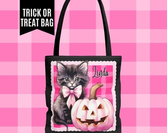 HALLOWEEN Trick or Treat Bag, Personalized Pink Halloween Tote Bag Cute Kitty Book Bag Pastel Halloween Purse Tote Bag Halloween Cat Tote