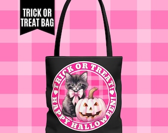 HALLOWEEN Trick or Treat Bag, Cute Pink Kitty Trick or Treat Tote Bag Halloween Tote Bag Small Book Bag Pastel Halloween Purse Tote Bag