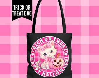 HALLOWEEN BAG Trick or Treat Bag Cute Pink Kitty Trick or Treat Tote Bag Halloween Tote Bag Small Book Bag Pastel Halloween Purse Tote Bag