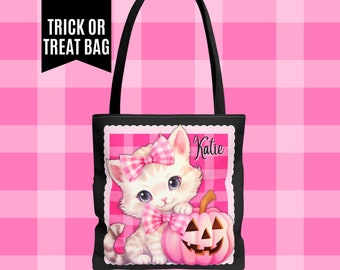 HALLOWEEN Trick or Treat Bag Personalized Halloween Tote Bag Cute Pink Kitty Book Bag Pastel Halloween Purse Tote Bag Halloween Cat Tote