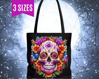SUGAR SKULL Tote Bag Day of the Dead Tote Bags Muertos Tote Bags Witchy Shopping Bags Sugarskull Beach Bag Sugar Skull Muertos Tote Bags