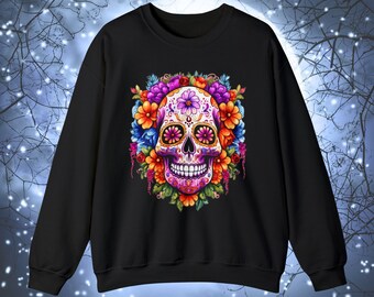 MUERTOS Sweatshirt Day of the Dead Sweatshirt Sugarskulls Black Unisex Sweatshirt Sugar Skulls Cotton Sweatshirt Sweat Shirt Halloween Shirt