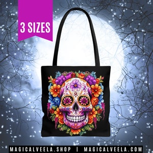 SUGAR SKULL Tote Bag Day of the Dead Tote Bags Muertos Tote Bags Witchy Shopping Bags Sugarskull Beach Bag Sugar Skull Muertos Tote Bags image 1