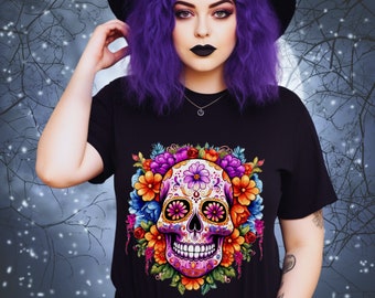 Sugar Skull Tshirt Comfort Colors, Black T-shirt Day of the Dead Muertos Shirt Sugarskulls Unisex Soft Cotton Tee Dia de los Muertos Shirt