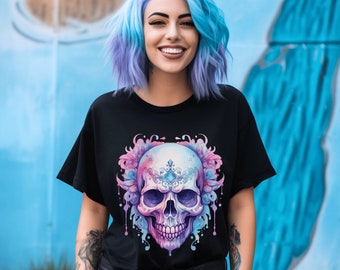 Pastel Skull Shirt, Mystical Skull Shirt, Watercolor Skull Graphic Tee, Pastel Skull Graphic Tshirt, Pink Skull Black Cotton Unisex T-Shirt