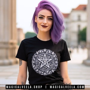Witch Shirt Pentagram Slim Fit Tshirt, Witchcore Goth Dark Academia Clothing Womens Fitted Cotton Tee Wiccan T-Shirt Witchy Gifts for Witch