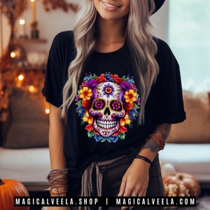 Sugar Skull Tshirt Comfort Colors, Black T-shirt Muertos Day of the Dead Shirt Sugarskulls Unisex Soft Cotton Tee Dia de los Muertos Shirt image 4