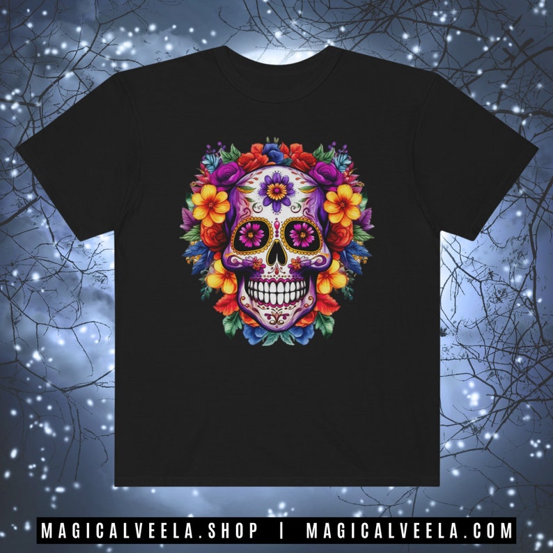 Sugar Skull Tshirt Comfort Colors, Black T-shirt Muertos Day of the Dead Shirt Sugarskulls Unisex Soft Cotton Tee Dia de los Muertos Shirt image 6