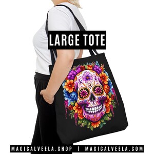 SUGAR SKULL Tote Bag Day of the Dead Tote Bags Muertos Tote Bags Witchy Shopping Bags Sugarskull Beach Bag Sugar Skull Muertos Tote Bags image 2