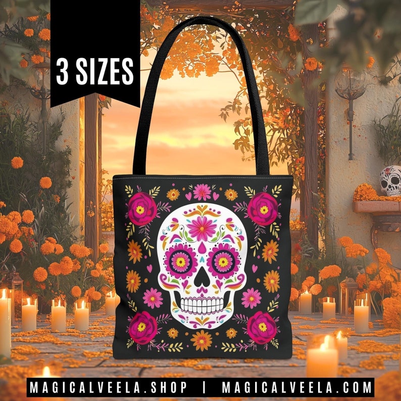 Sugar Skull tote bags. Dia de los Muertos tote bags. Heavy, reusable tote bags with colorful calaveras design.
