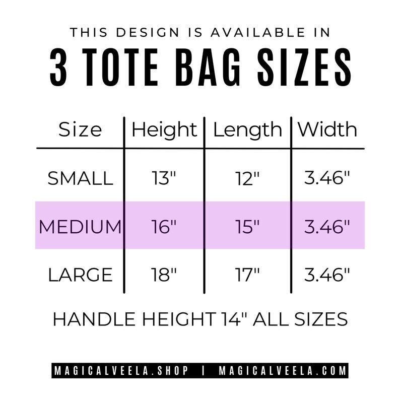 May include: White graphic with text indicating three tote bag sizes: small (13" height, 12" length, 3.46" width), medium (16" height, 15" length, 3.46" width), and large (18" height, 17" length, 3.46" width). Handle height is 14" for all sizes.