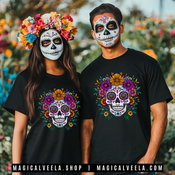 Dia de Muertos Shirt Sugar Skull Shirt Day of the Dead Tshirt Calaveras Sugar Skull Tee Black Cotton Unisex T-Shirt Mens Womens Couples
