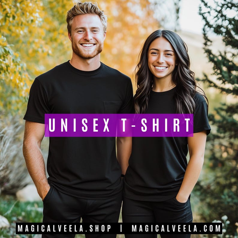 May include: Two people wearing black unisex t-shirts with a pocket on the left side. The text "UNISEX T-SHIRT" is displayed in purple on the front of the shirts. The people are standing in front of a background of green trees.