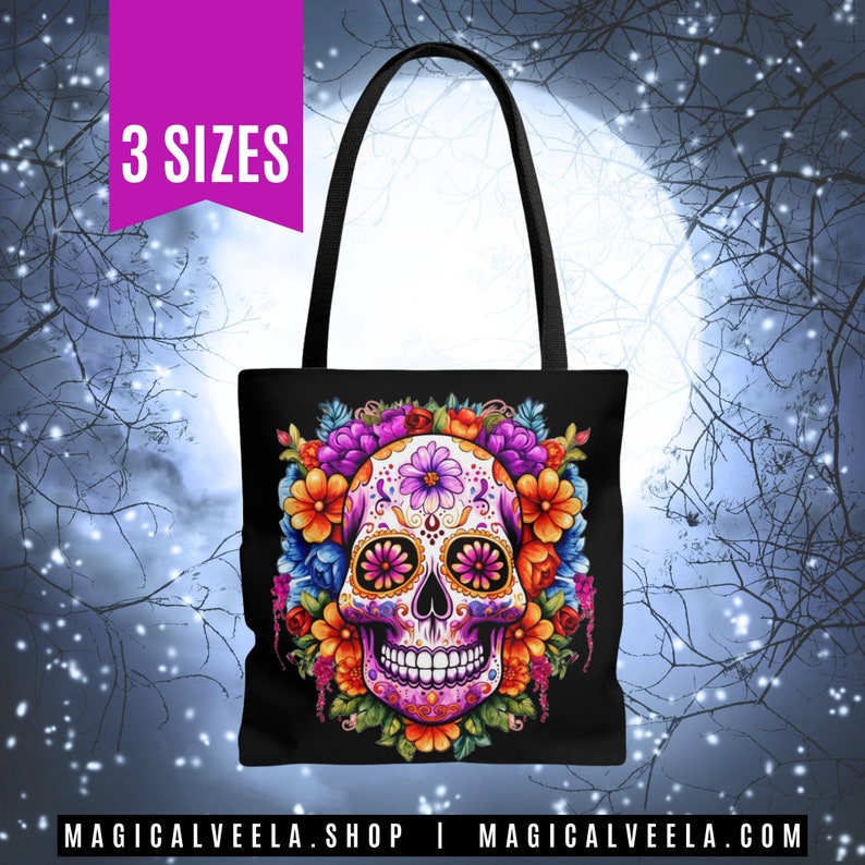 SUGAR SKULL Tote Bag Day of the Dead Tote Bags Muertos Tote Bags Witchy Shopping Bags Sugarskull Beach Bag Sugar Skull Muertos Tote Bags image 1