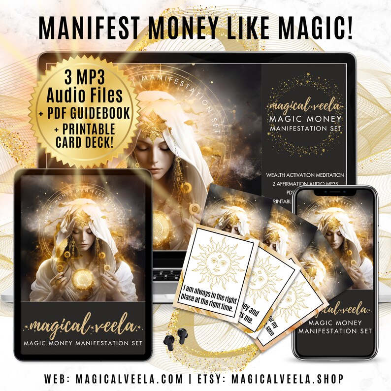 Magic Money Manifestation Set by Magical Veela includes 3 powerful Wealth Attracting Audio MP3s, a PDF Guidebook, plus a Printable Money Affirmation Card Deck. Transform your Money Mindset and Manifest like Magic! Get it at: magicmoney.shop