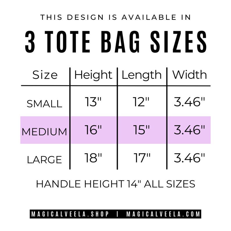 Puede incluir: Un gr&aacute;fico que muestra las opciones de tama&ntilde;o para las bolsas de mano. El gr&aacute;fico enumera el tama&ntilde;o, la altura, la longitud y el ancho de cada bolsa. Los tama&ntilde;os son peque&ntilde;o, mediano y grande. La altura del asa es de 14 pulgadas para todos los tama&ntilde;os.