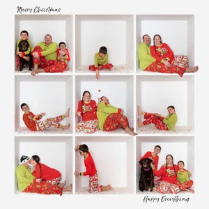 May include: A family of six wearing matching Christmas pyjamas in a white box setting. The family are posing in different ways, including sitting, lying down, and standing. The text "Merry Christmas" is at the top of the image and "Happy Everything" is at the bottom.