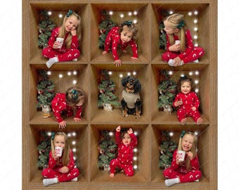 May include: Nine children in red and white pyjamas pose in a cardboard box with Christmas trees and lights. Some children are holding mugs, while others are sitting or standing. A dog is in one of the boxes.