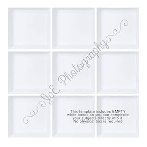 Può includere: Un modello con sei caselle quadrate bianche vuote disposte in una griglia 3x2. Il testo "Questo modello include caselle bianche VUOTE in modo che tu possa comporre i tuoi soggetti direttamente al loro interno. Non è richiesta alcuna scatola fisica" si trova sotto le caselle.