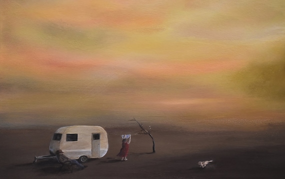 The Dusty Caravanners. Caravan artwork print. Couple, caravan and dog on holidays across Australian Outback. Gift for dad, housewarming gift